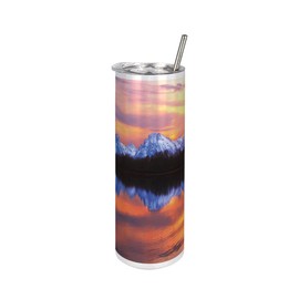 Ambesonne Wyoming 20 Oz Skinny Tumbler, Snake Lake at Grand Teton National Park Fascinating Sunset View with Reflections, Leak-Proof Straw Lid and Brush Vacuum Insulated for Outdoor Use, Multicolor