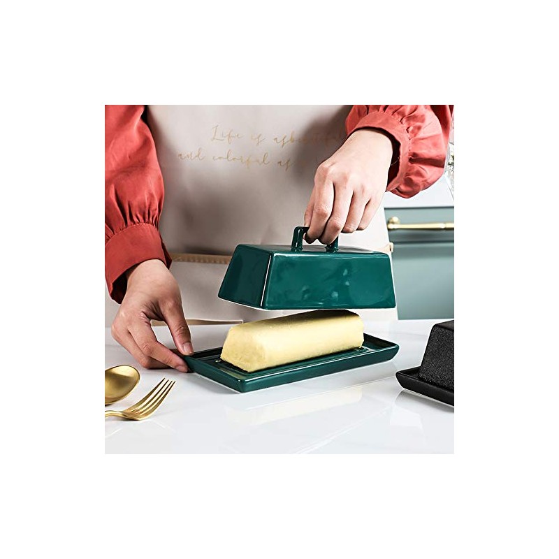 Sizikato Porcelain Butter Dish with Lid, Matte Black-7.5 inch