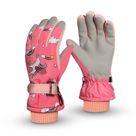 JUPSK Kids Winter Ski Gloves Pink Unicorn Waterproof Anti Slip Fleece Lined Thermal Snowboard Gloves for Girls Boys Children Age 7-12