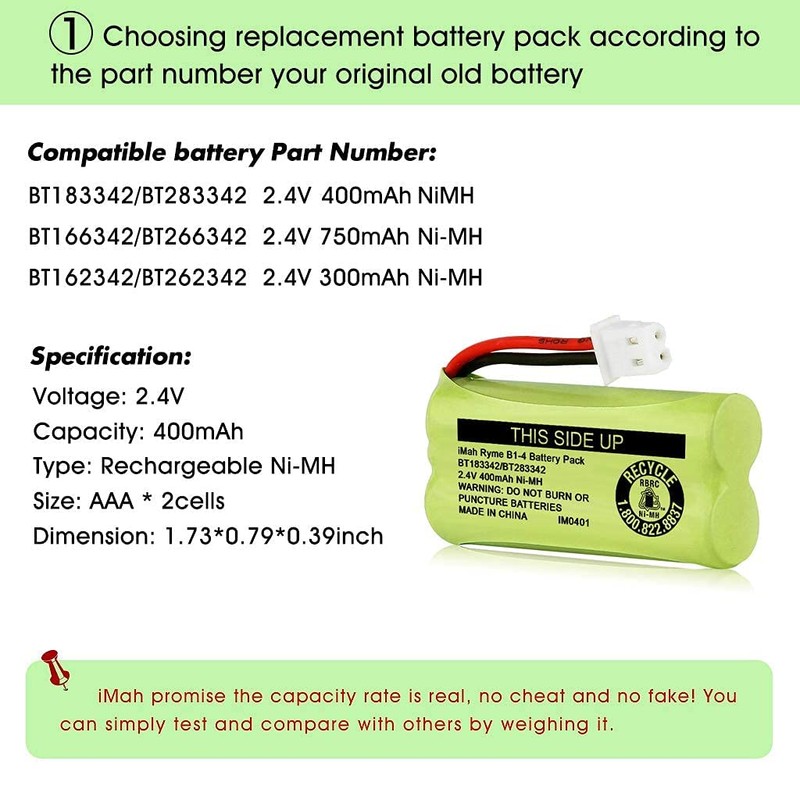 iMah BT183342/BT283342 2.4V 400mAh Ni-MH Battery Pack Compatible for BT166342/BT266342