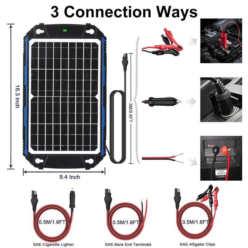 SUNER POWER Waterproof 12W 12V Solar Battery Charger & Maintainer