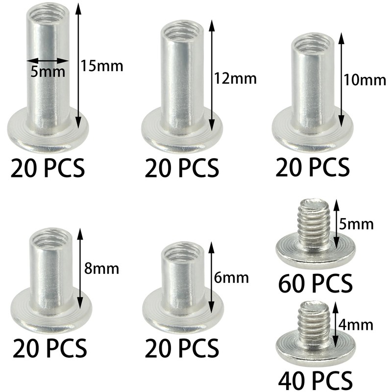 100 Sets Chicago Screws,Leather Rivets Sets with Five Sizes (Silver)