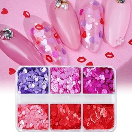 6 Grids Valentine's Day Heart Glitter Multiple Colors Sequins for Nail Art Heart Charms Christmas Nails Hollow-Out Flakes Heart Acrylic 3D Holographic Glitter Flakes Heart Nail Designs Decor