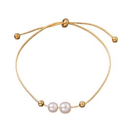 Hand Chain Bracelet, Gold Bracelets For Women Pull Rope Freshwater Pearl Heart Shaped Non Tarnish Cute Stackable Adjustable Stainless Steel Jewelry Gift (Gold White Pearl)