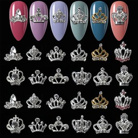 SILPECWEE 24pcs Crown Nail Charms 3D Silver Nail Jewels Curve Nail Rhinestone Crystal Nail Gems Diamond for Nails Alloy Nail Decorations for Women DIY Nail Art Accessories
