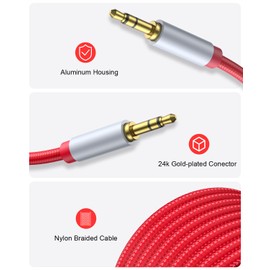 Short Aux Cord 2ft - 3.5mm Audio Cable - Nylon Braided 3.5mm Male to Male AUX Cable Cord for Car, Headphones, Home Stereos, Speaker -Red