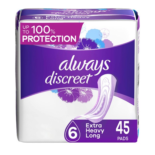 Always Discreet, Incontinence & Postpartum Pads For Women, Size 6, Extra Heavy Absorbency, Long Length, 45 Count