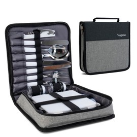 Vogano Picnic Set Camping Cutlery Organizer 2 Person Dinnerware Set - 16pcs Mess Kit,Stainless Steel Plate Spoon Butter and Serrated Knife Wine Opener Fork Napkin Hiking - Camp Kitchen BBQ’s(Grey)