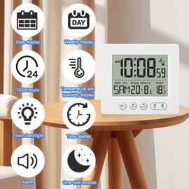 Digital Radio-Controlled Alarm Clock with Thermometer, Alarm Clock Digital with Two Alarm Times, Luminous, Date, Week, Temperature, Snooze Function, Digital Alarm Clock, Wireless Clock, Without