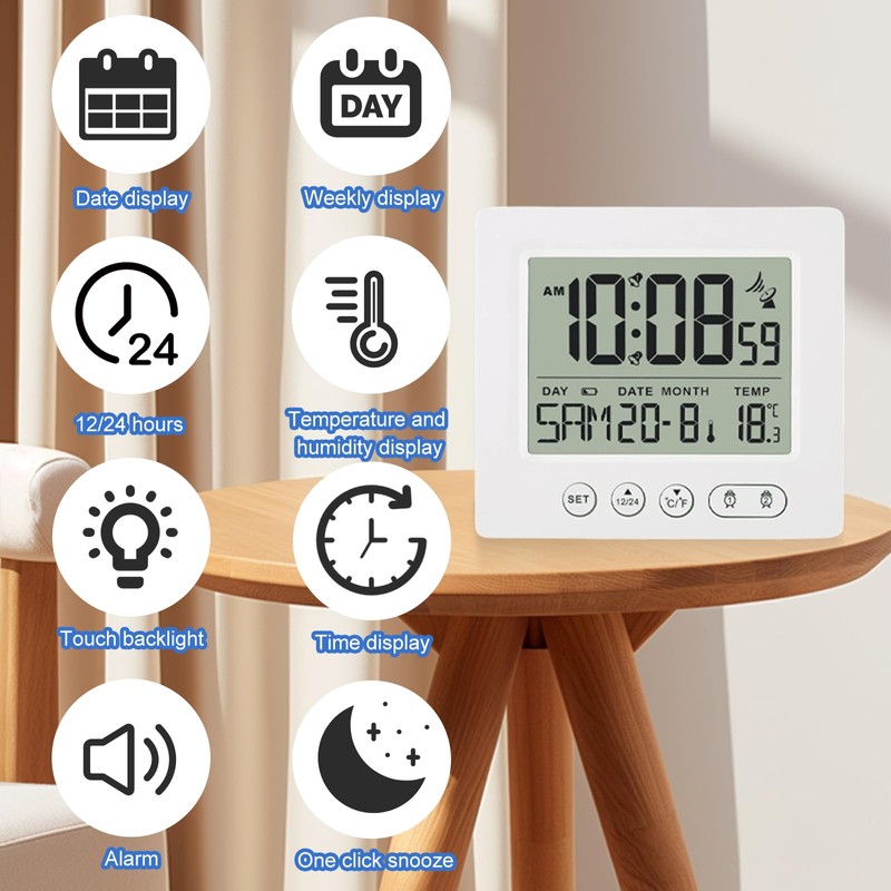 Digital Radio-Controlled Alarm Clock with Thermometer, Alarm Clock Digital with