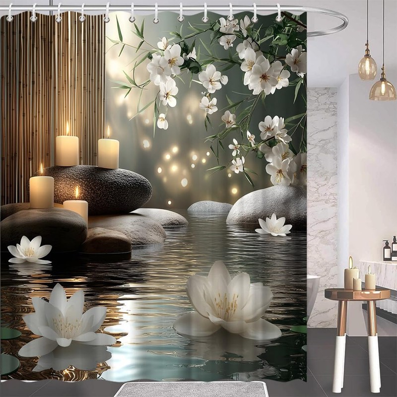 EUBTPA Lotus Zen Bamboo Shower Curtain Stone Spa Floral Flowers