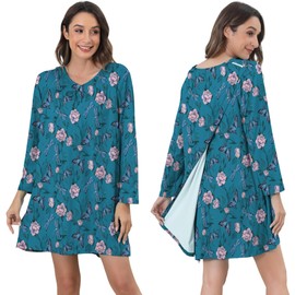 Chunoy Womens Post Surgery Button Closure Open Back Hospital Gown Adaptive Nursing Long Sleeve Nightdress Green XX-Large