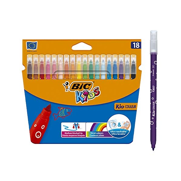 BIC Kids Kid Couleur Felt Tip Colouring Pens - Cardboard Wallet of 24 Ultra-Washable Pens - Assorted Colours - Medium Point