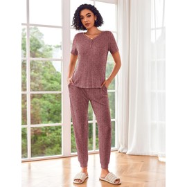 Ekouaer Pajama Sets for Womens Rib Knit Lounge Set Jogger Pants Short Sleeve Sleepwear 2 Piece Outfits Set with Pockets Wine Red