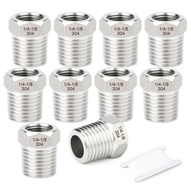 TAISHER 10 Pcs 304 Stainless Steel Reducer Hex Bushing, 1/4" BSP Male x 1/8" BSP Female, Reducing Pipe Adapter Fitting, for Water Oill Air Gas