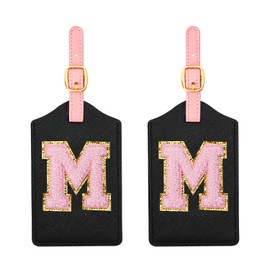 2 Pcs Initial Luggage Tags for Suitcases and Bags, Leather Travel ID Bag Tag with Embroidered Letters, Monogrammed Name Identifier, Luggage Labels for Easy Identification (Black Leather+Pink, M)