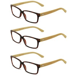 V.W.E. 3 Pairs Genuine Real Bamboo Reading Glasses - Rectangular Modern Readers - Unisex (3 Tortoise, 5.00)