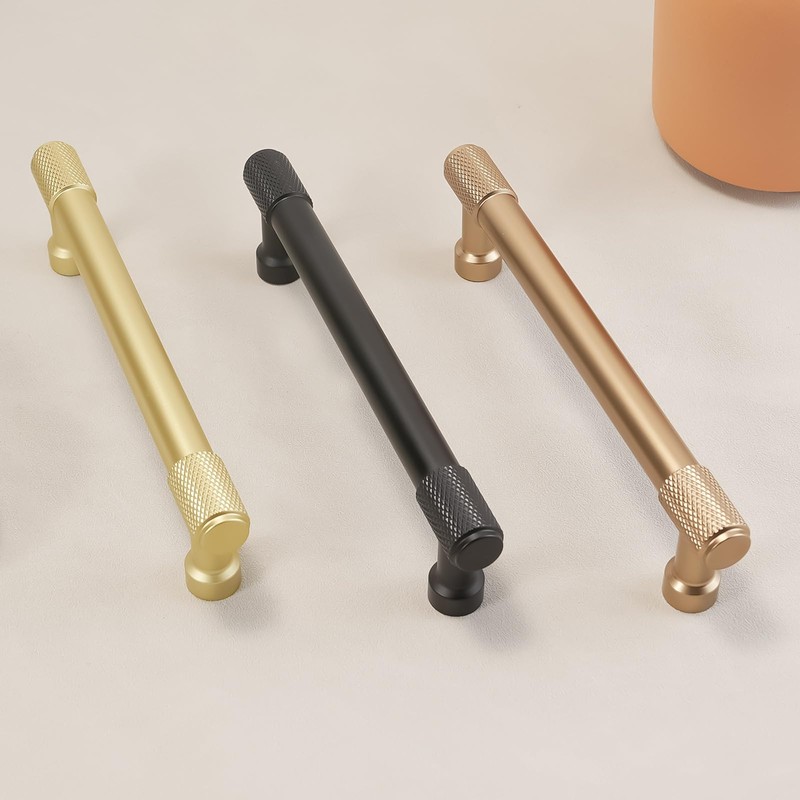 POVEFONK 10 Pack 5inch(128mm) Brushed Brass Kitchen Cabinet Handles Knurled