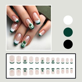 St. Patrick's Day Press on Nails Coffin Fake Nails Medium Length Nails Press ons Green Lucky Clover Stick on Nails Green White French Tip Glue on Nails Full Cover Acrylic Nails for Women Girls 24 Pcs