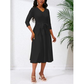 PerZeal Women's Casual A-Line Dress Wedding Guest Cocktail Church Flare Swing Midi Dresses with 3/4 Sleeve V-Neck Belted Black Medium