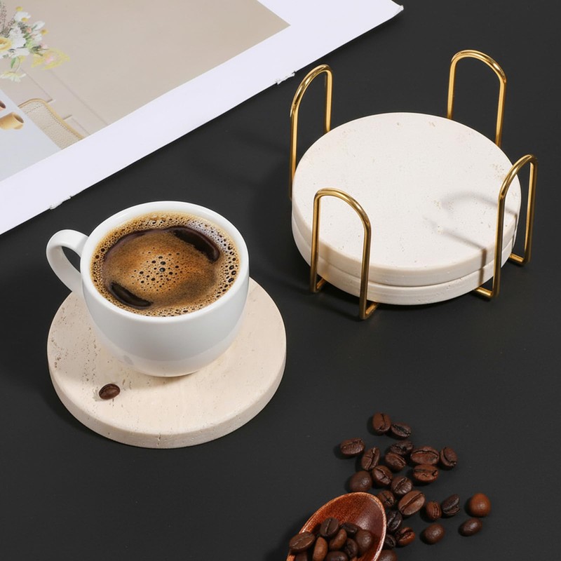 HANLANXUE 4 Pcs 4 inches Beige Travertine Coasters with Holder
