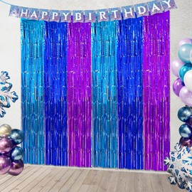 2 Pack Winter Foil Fringe Curtains Backdrop Birthday Party Decorations, 3.28 x 6.56 Ft Purple Blue Metallic Tinsel Streamers Photo Booth Prop Winter Wonderland Baby Shower Party Decorations Supplies