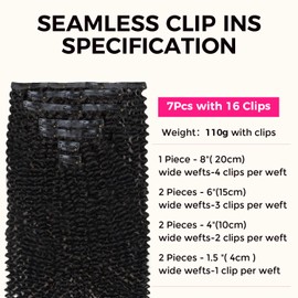Lashey Clip-In Real Hair Extensions, Kinky Curly, 110 g, 7 Pieces, Seamless Clip-In Hair Extensions, Natural Black, Remy Human Hair, 60 cm (24 Inches)