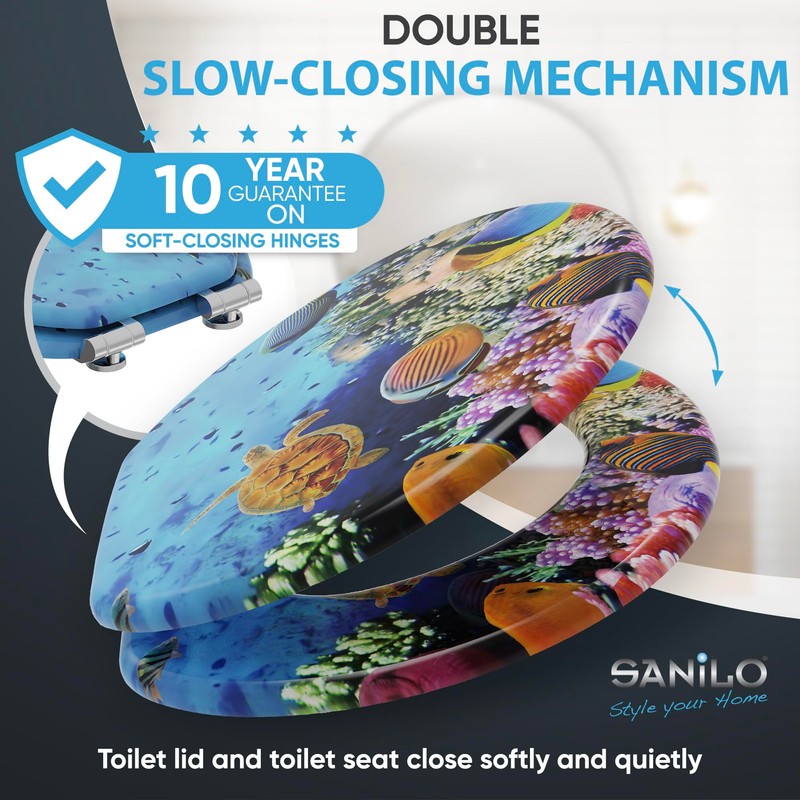 SANILO Wooden Toilet Seat with Soft Close [ROUND] - Decorative,