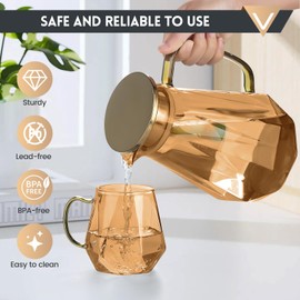 68oz Diamond-Cut Glass Pitcher with Gold Lid - Beverage Carafe for Iced Coffee, Tea, Juice & Milk | Shatterproof, Heat & Cold Resistant, Dishwasher Safe​​(Amber)