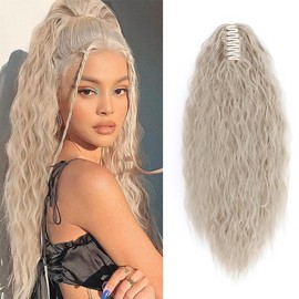 Real Fashion Corn Wavy Ponytail Extension Claw Clip 24" Long Wavy Curly Hair Extensions Jaw Clip Ponytail Hairpiece Pony Tail Ash Blonde mix Bleach Blonde