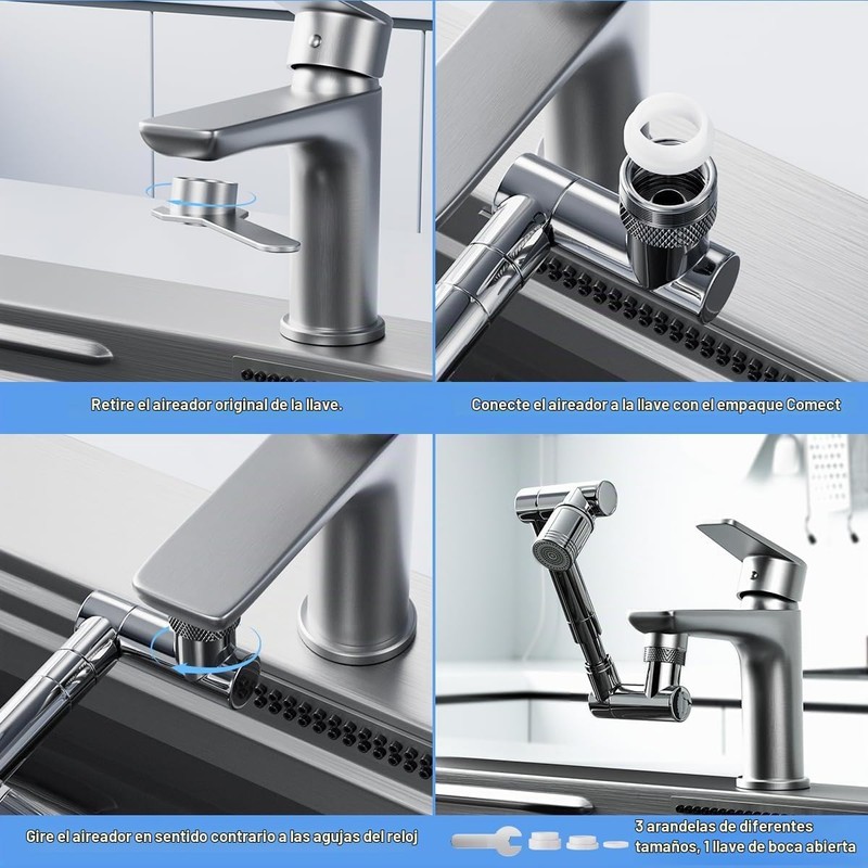 Extensión de grifo giratoria de 1440°, extensor aireador de grifo