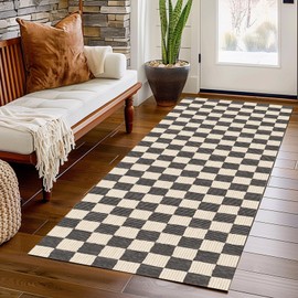 Washable Hallway Runner Rug 2' ×6' Black Rug Checkered Geometry Neutral Line Non-Slip Soft Long Carpet Kitchen Entryway Bedroom Corridors Indoor
