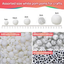 Iooleem White Pom Poms, 1200pcs Assorted Size Pompoms,Pom Poms for Arts and Crafts, Pom Pom Balls with Wiggle Eyes in jar, Glitter Pom Poms, Craft Supplies.