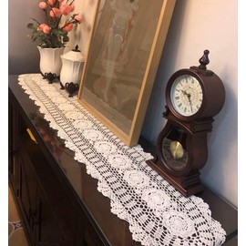 Janef White Handmade Crochet Cotton Table Runner Lace Doilies Doily Oval Dresser Scarves ,11.8 by 43 Inches.