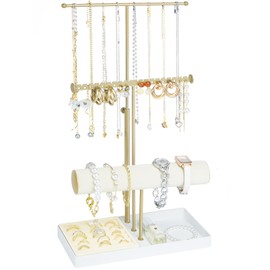Jenseits Jewelry Organizer Stand Necklace Holder Organizer, 3-Tier Earrings Organizer w/Bracelet Storage Display & Velvet Ring Tray, Cute Metal Aesthetic Jewelry Tower Rack for Women Girls - Gold