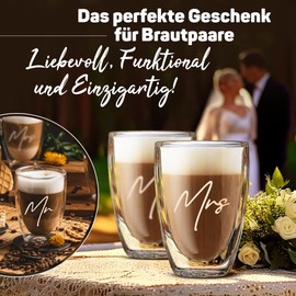 ElbFuchs Double-Walled Latte Macchiato Glasses Mr & Mrs 2 x 350 ml [Ideal as a Wedding Gift] Thermal Glasses for Cappuccino Coffee Glasses Tea Glasses