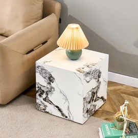 White Marble End Table, Elegant Small Sofa Couch Bed Side Table, Modern Square End Side Table Nightstand Corner Table with Faux Marble Top for Living Room Bedroom Office, Fully Assembled