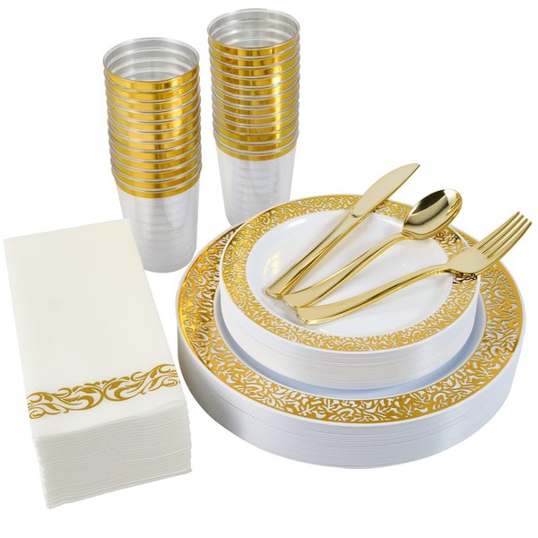 175 Piece Gold Dinnerware Set 25 Guest-50 Gold Lace Plastic Plates-25 Gold Plastic Silverware-25 Gold Plastic Cups-25 Linen Like Gold Paper Napkins, FOCUSLINE Disposable Dinnerware Set
