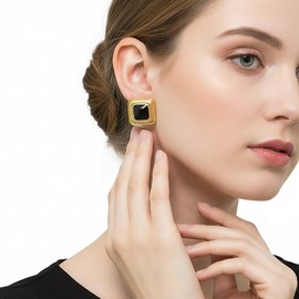 Chunky Black Gold Earrings for Women,Vintage Large Oval Square Statement Earrings,Trendy Dangle Earring Funky Jewelry (Golden1)