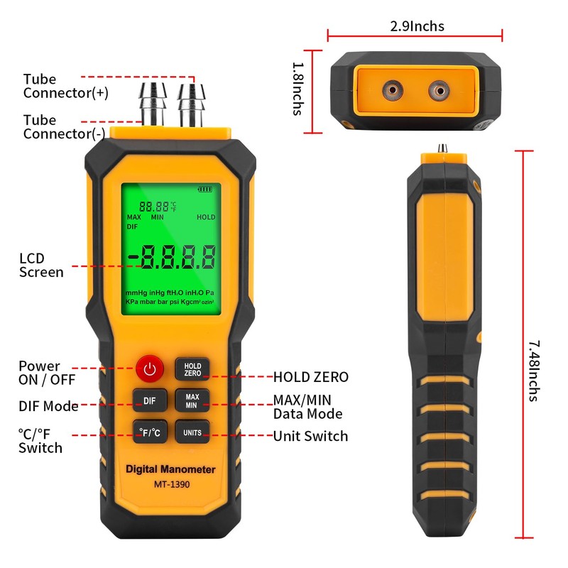 YZTMETER 5/16 Inches Diameter Pressure Port Digital Manometer, YZT Meter