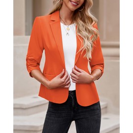 LookbookStore Women's Blazer for Work and Casual - 3/4 Sleeve Fitted Suit Jacket - Dressy Vibrant Orange - Medium (Fits Size 8-10)