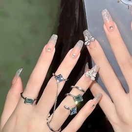 24 Pcs French Tip Press on Nails Long Glitter Fake Nails with Charm Butterfly Rhinestone Glue on Nails Reusable Coffin False Nails for Women Butterflies Acrylic Nails Sets