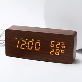 Radio Clock, Digital Alarm Clock, Loud 3 Alarms, Snooze, Temperature and Hygrometer, LED Display, Easy to Read Brightness Adjustment, Set Memory, Stylish, Wood Grain, Bedroom, Living Room, Tabletop