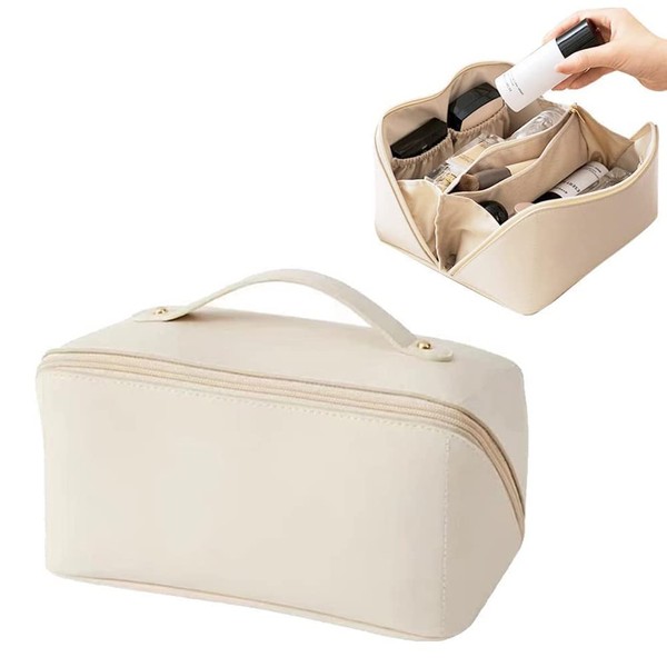 Portable Leather Travel Cosmetic Bag, Large Capacity Travel Cosmetic Bag, Leather Makeup Bag, Portable Cosmetic Bag, Skin Care Toiletry Bag, Cosmetic Toiletry Bag with Handle Divider, White