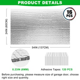 16P Garage Door Insulation Panels Kit 0.24' Thick Double Bubble Reflective Aluminum Foil Sheet Thermal Insulation Shield 120 Tapes Winter Clod and Summer Heat for Attic, Garage, Wall (24'' x 54'')