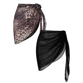 Ekouaer 2 Pieces Women Beach Sarongs Sheer Cover Ups Chiffon Bikini Wrap Skirt for Swimwear,Black/Leopard,Small