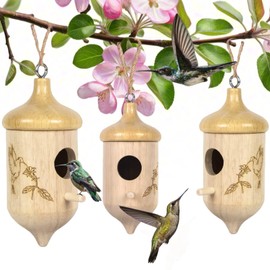 3 Pack Hummingbird House, Hummingbird Houses for Outdoors Hanging, Wooden Hummingbird Houses for Outside for Nesting, Bird Houses for Garden Window Outdoor Home (Acorn Flowers and Birds)