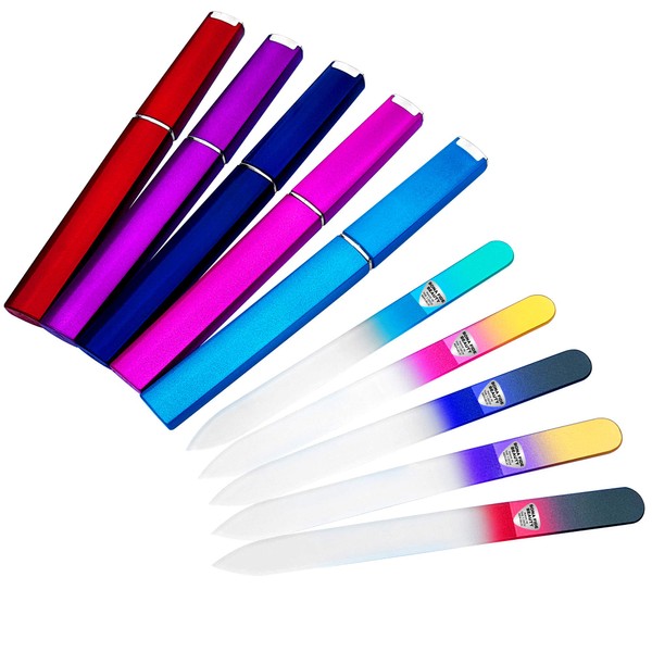 Glass Files for Nails, Manicure Glass Fingernail Files with Cases, Gentle Precision Filing, Leaves Nails Smooth - 5-Piece Bona Fide Beauty Premium Czech Glass Files