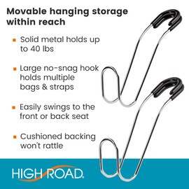 High Road Metal Car Hooks for Purses and Bags - Unbreakable Car Headrest Hooks for Heavy Bags and Packs up to 40 lbs - Secure Attachment Loops Fit All Headrest Posts, 2-pack