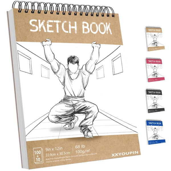 XXYOUPIN 9 x 12 Inch Sketchbook,110-Sheets (68lb/100gsm) Top Spiral Bound